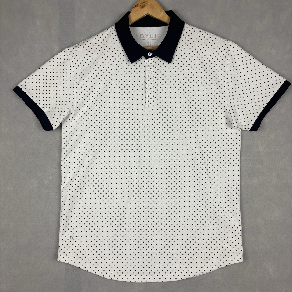 BYLT Lux Polo Shirt Mens Large White Polka Dot Short Sleeve Stretch Casual